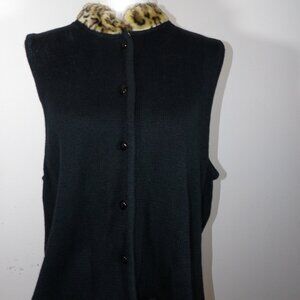 Vintage Crystal Kobe Black Sweater Vest with Faux Fur Collar Size XL
